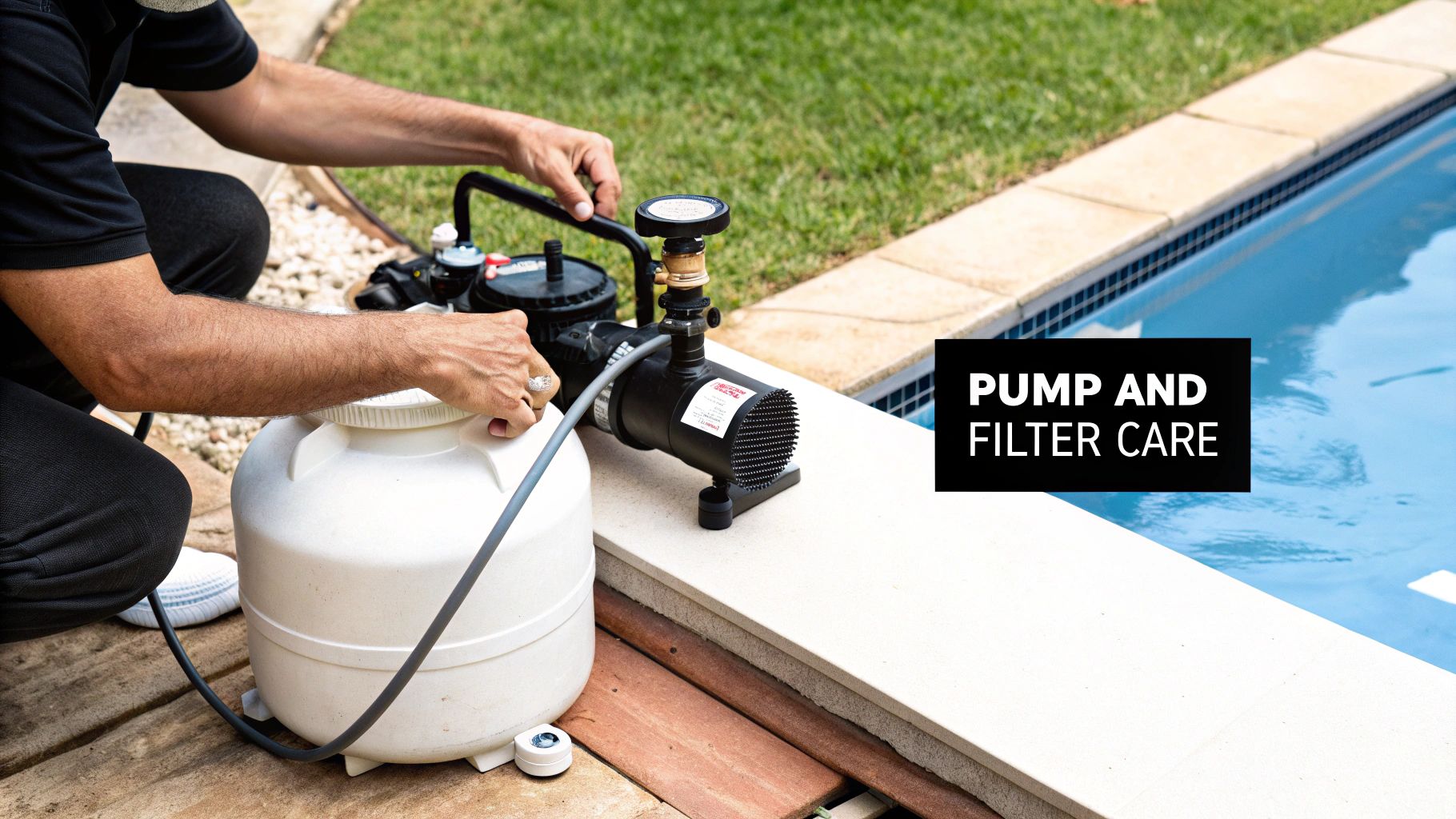 A person performs maintenance on pool equipment, including a pump and filter, next to a swimming pool.