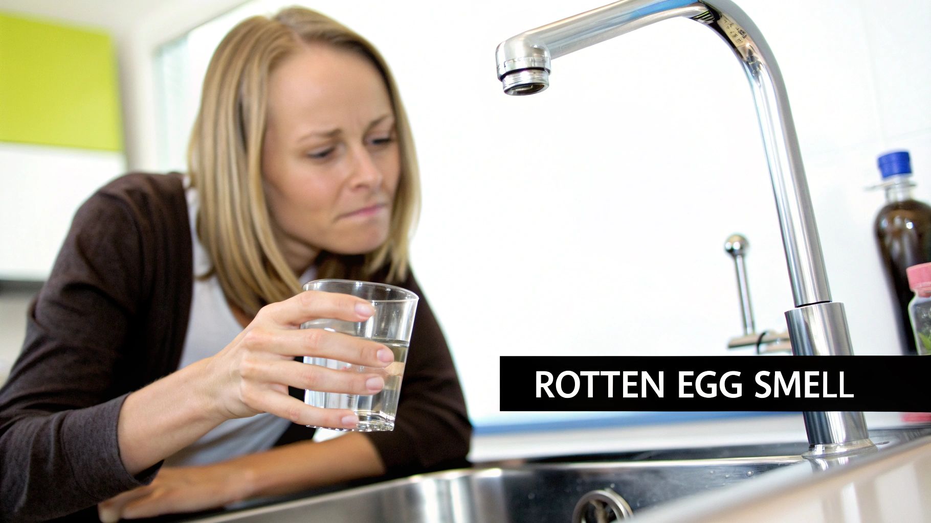 Disgusted woman holding a glass of water, experiencing a rotten egg smell from the tap.