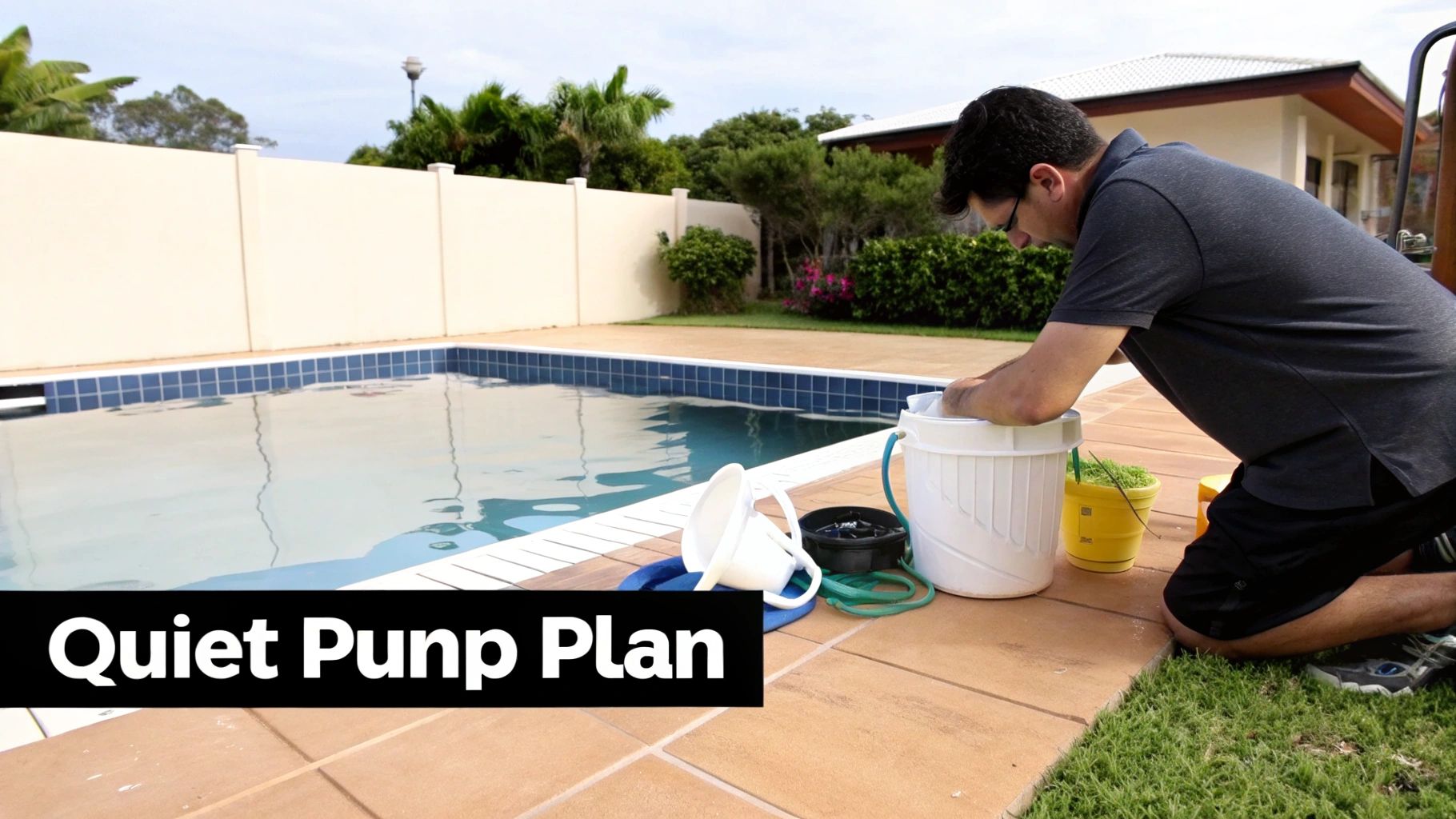 Pool technician inspecting and maintaining swimming pool pump equipment by residential pool edge