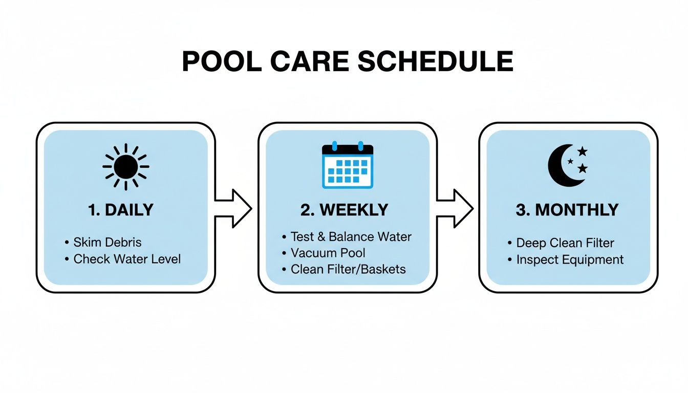 A comprehensive pool care schedule infographic detailing daily, weekly, and monthly maintenance tasks for proper pool upkeep.