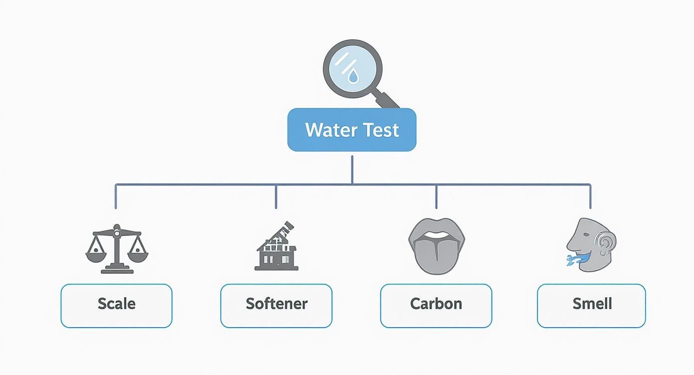 Flowchart showing 'Water Test' with branches for Scale, Softener, Carbon, and Smell water analyses.