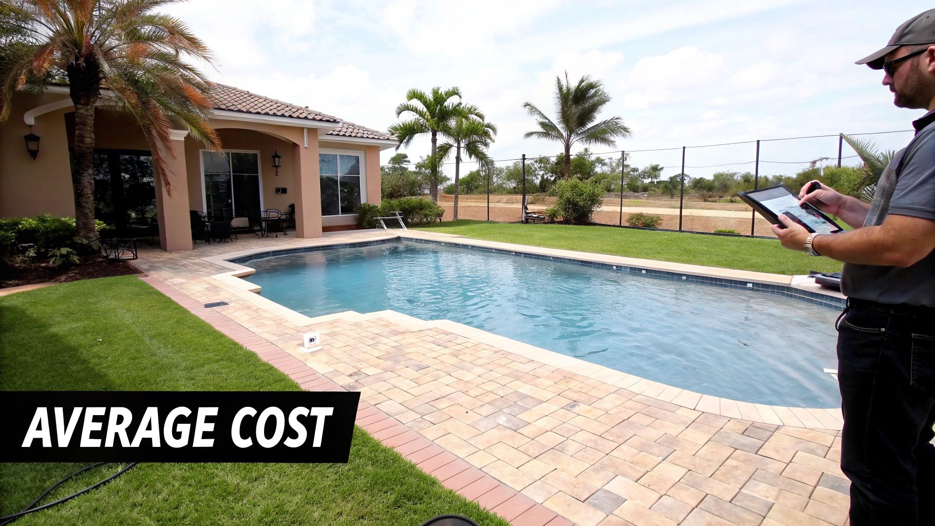 A beautifully clean residential swimming pool with clear blue water and surrounding patio furniture.