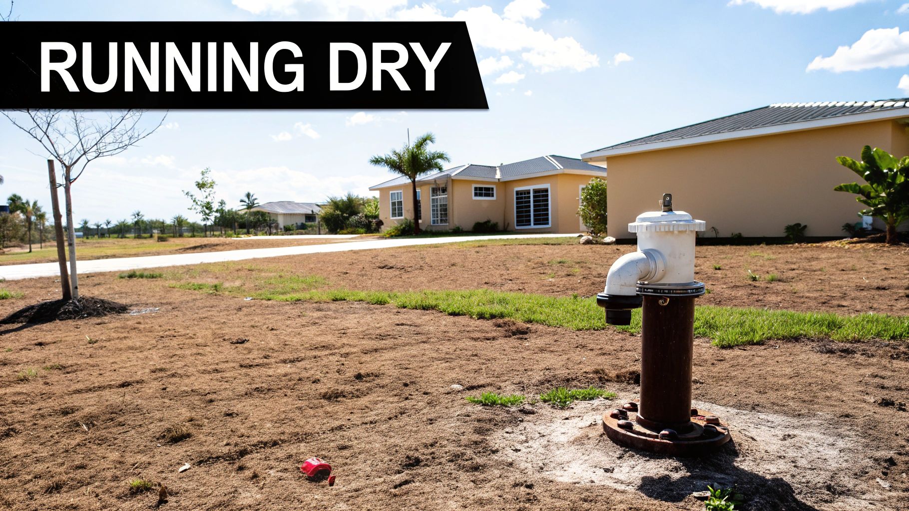 A residential area with parched brown grass and a well pump, suggesting water scarcity.