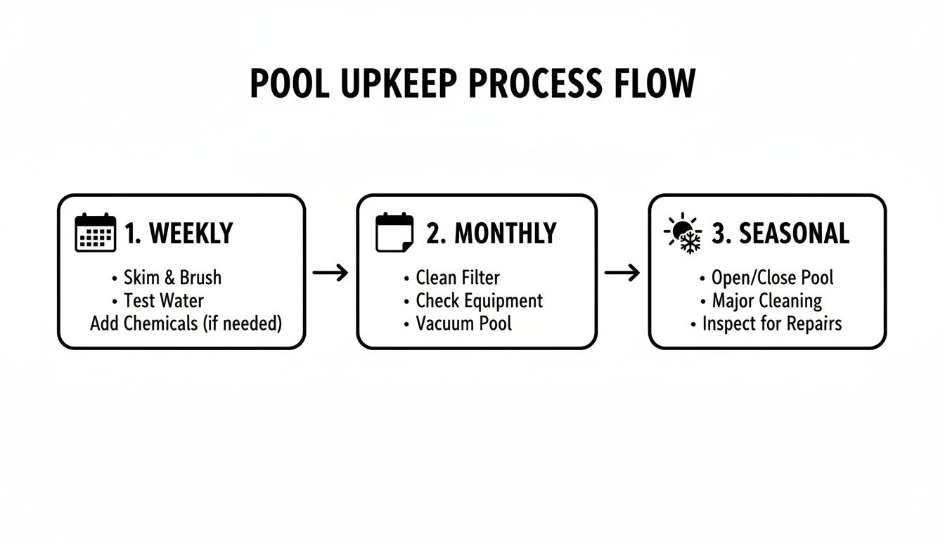 Flowchart detailing swimming pool maintenance tasks categorized by weekly, monthly, and seasonal frequency.