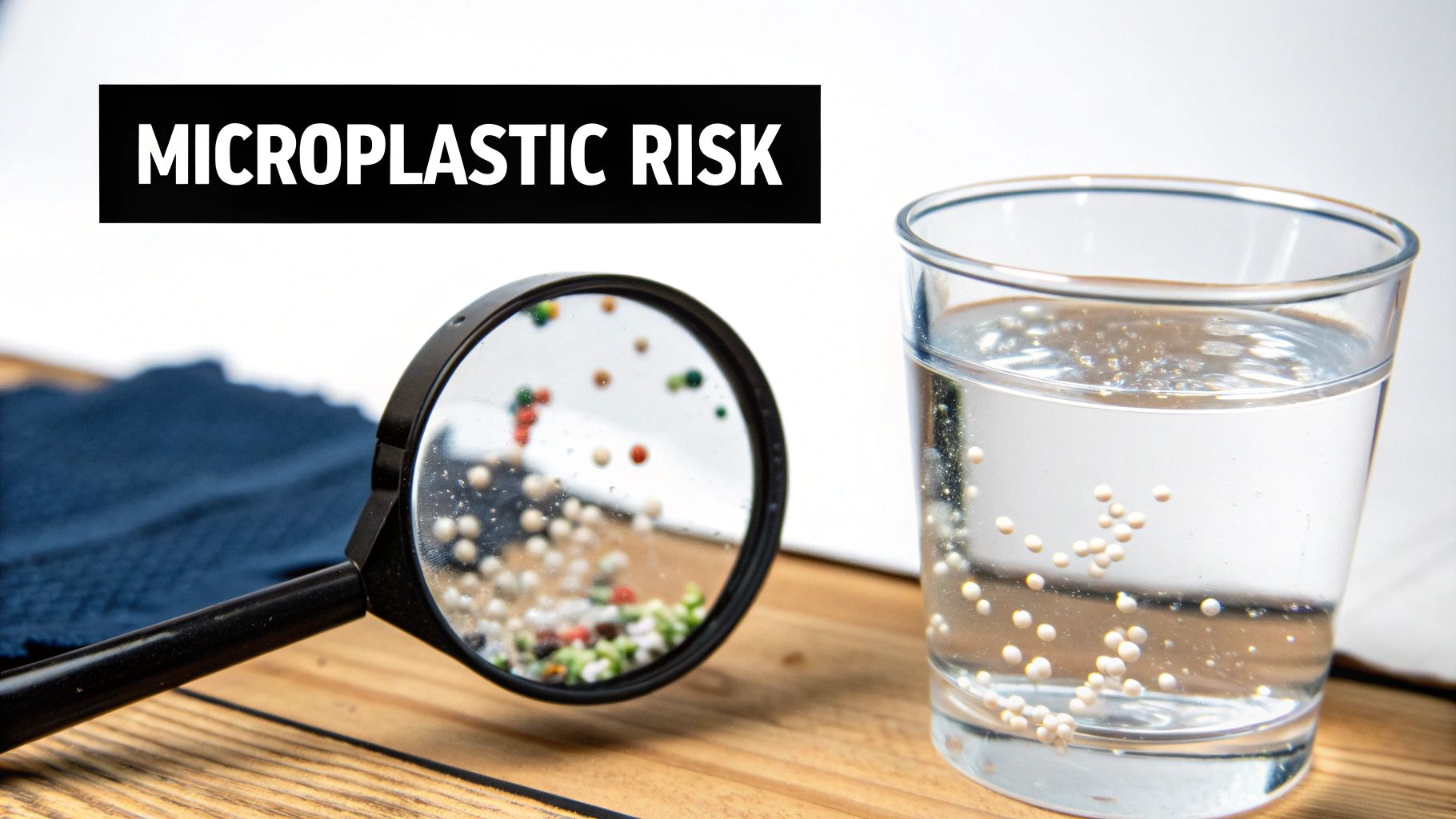 A microscope view showing tiny plastic particles floating in water