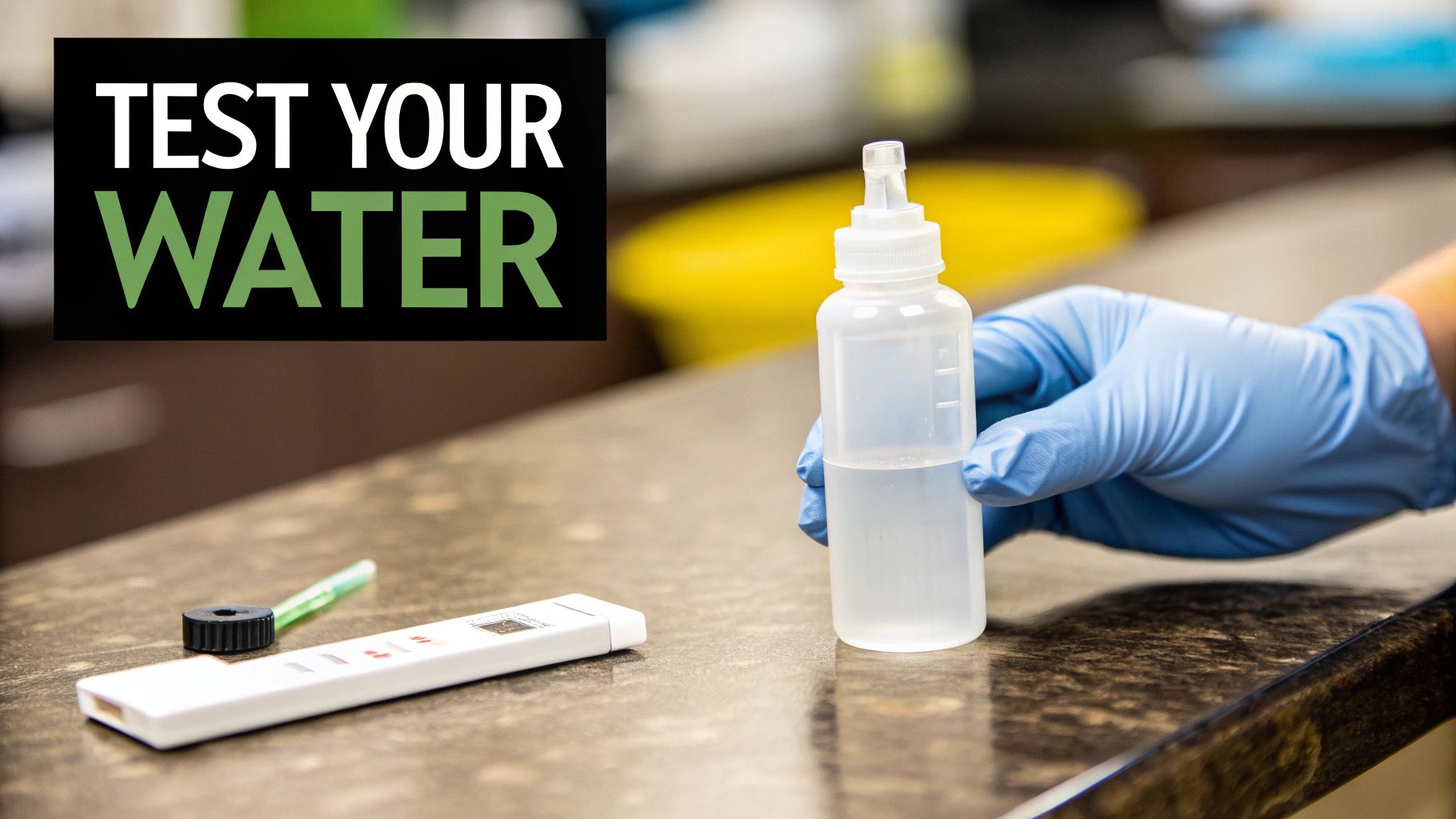 A gloved hand holds a water sample bottle, with a testing device and text 'TEST YOUR WATER'.