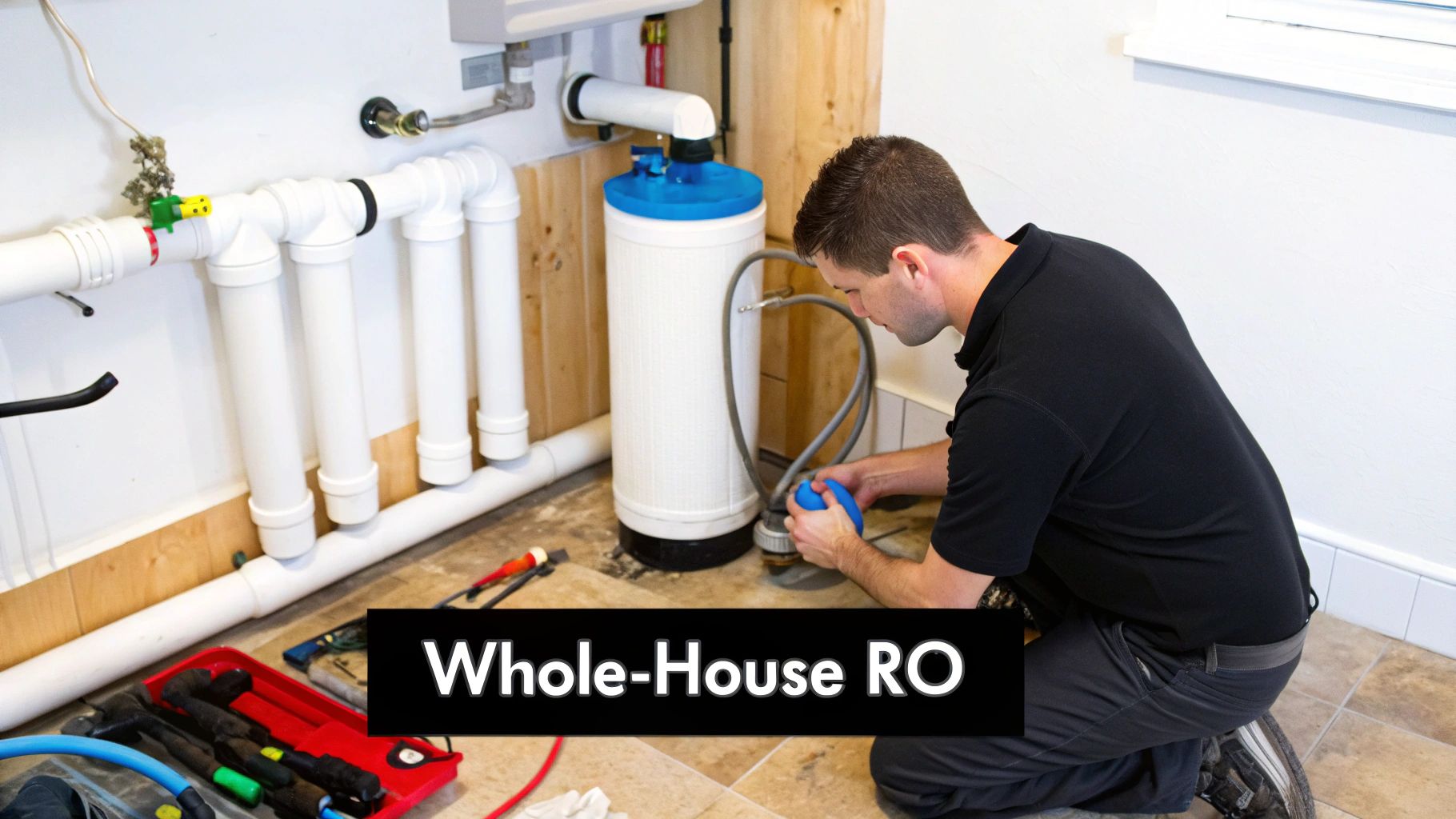 A technician kneels to work on a large whole-house reverse osmosis water filtration system.
