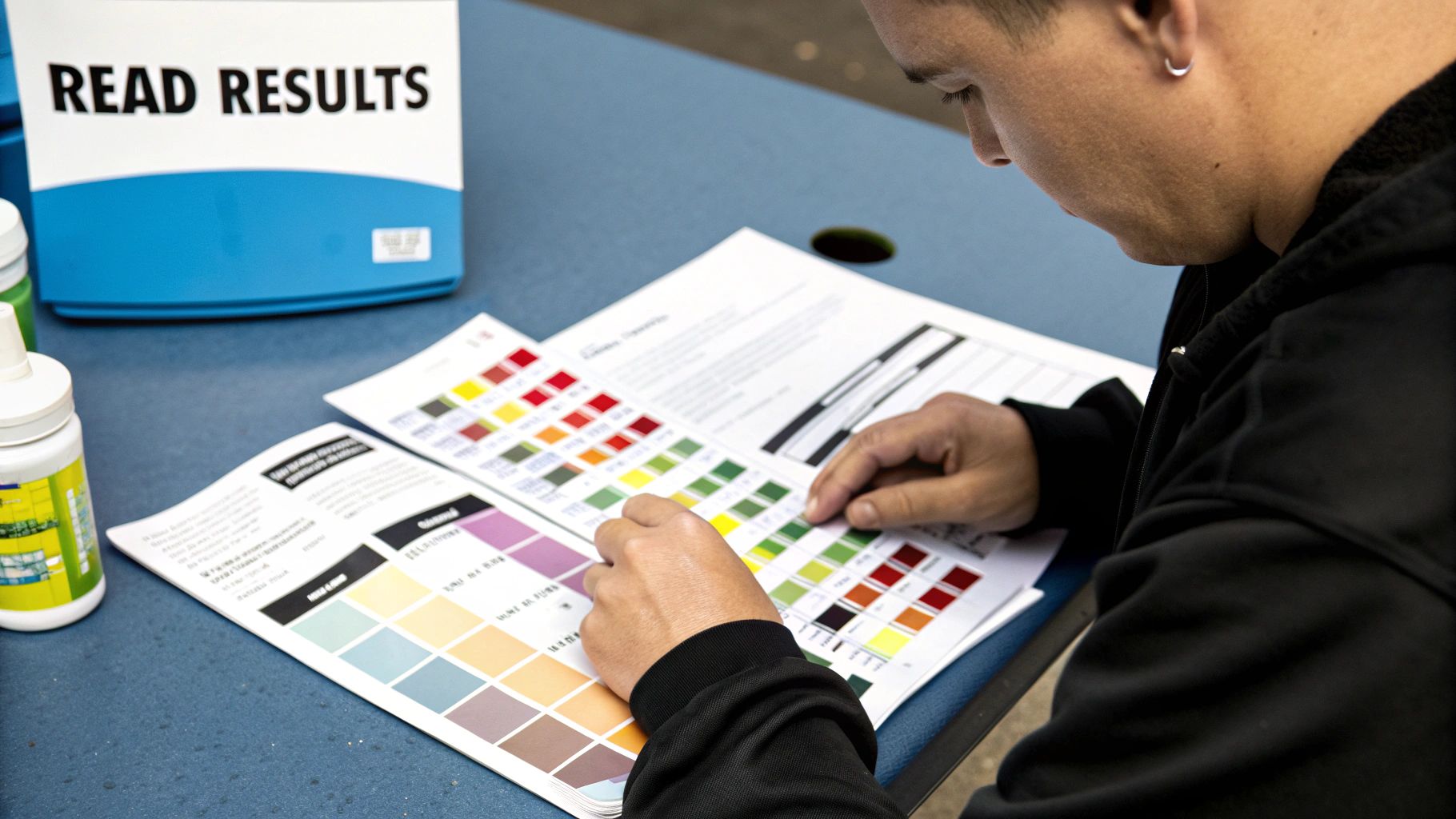 A person examining a water quality test report with charts and data.