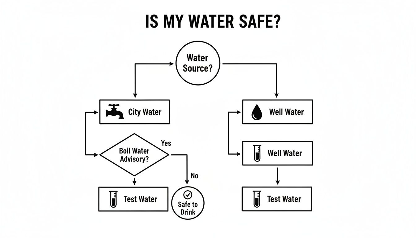 Flowchart illustrating steps to determine if city water or well water is safe to drink.