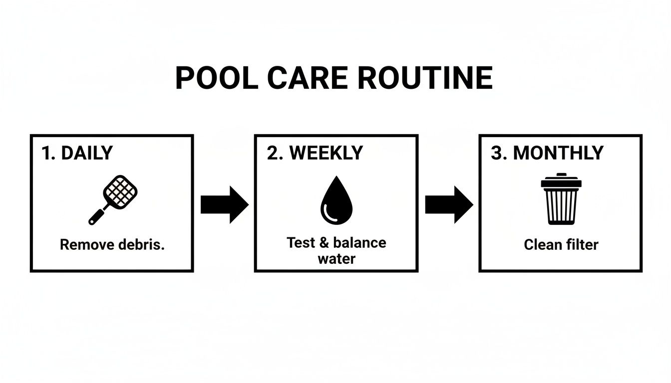 Flowchart detailing a pool care routine with daily, weekly, and monthly tasks.