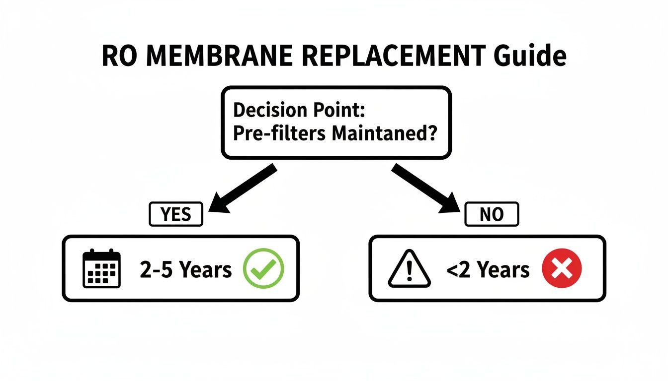 Flowchart for RO membrane replacement guide based on pre-filter maintenance schedule.