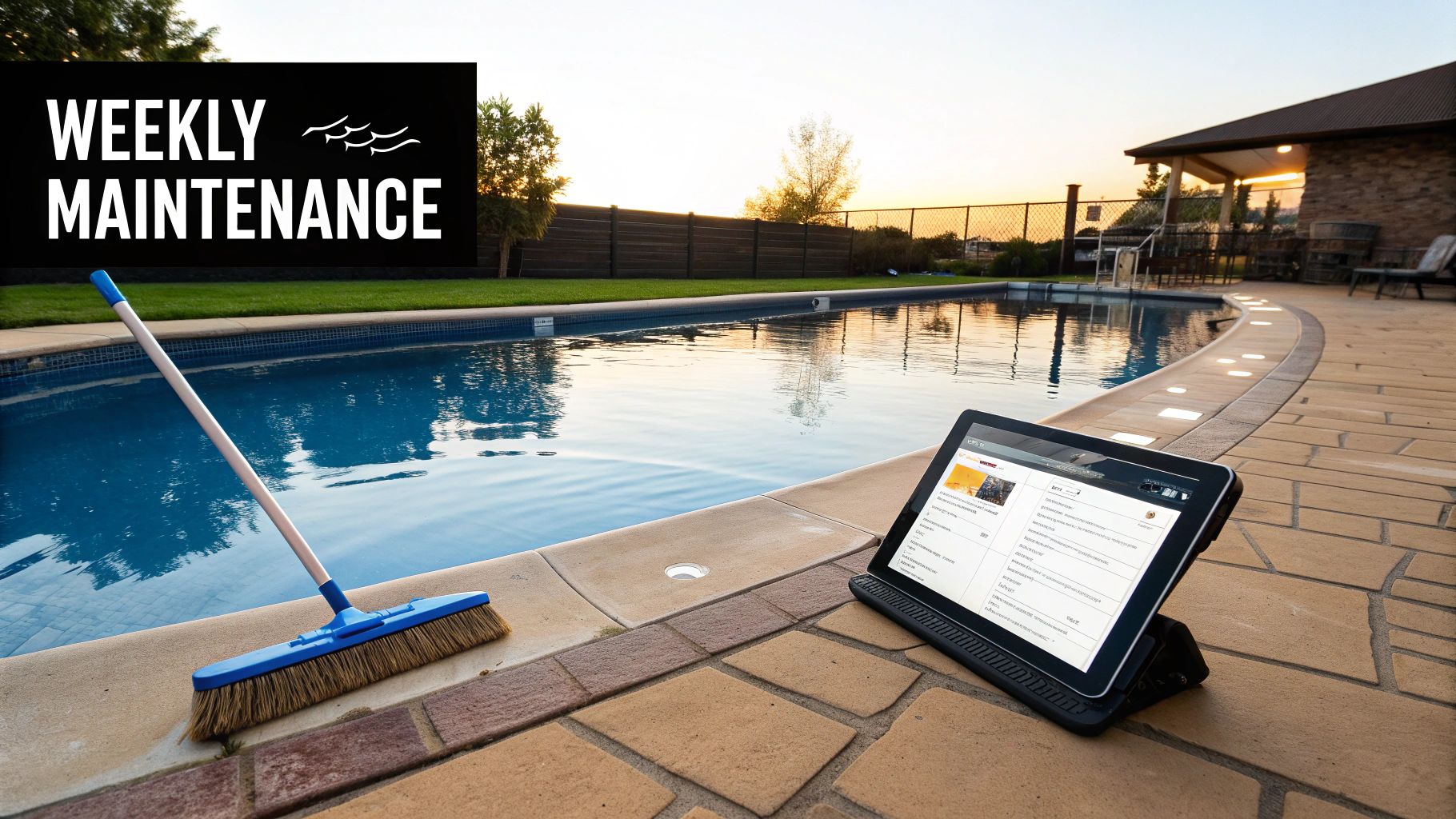 A pool area at sunset with a cleaning broom and a tablet showing 'Weekly Maintenance'.