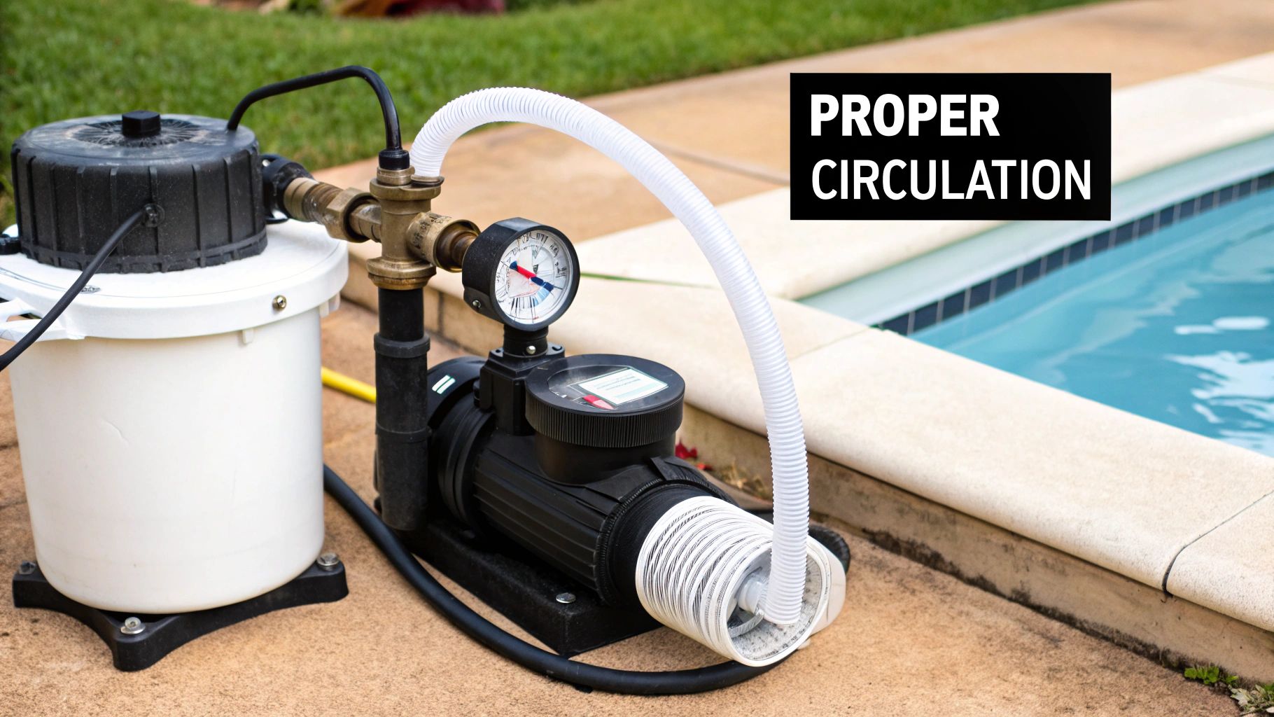 A pool pump system with hoses, a pressure gauge, and a filter next to a swimming pool.