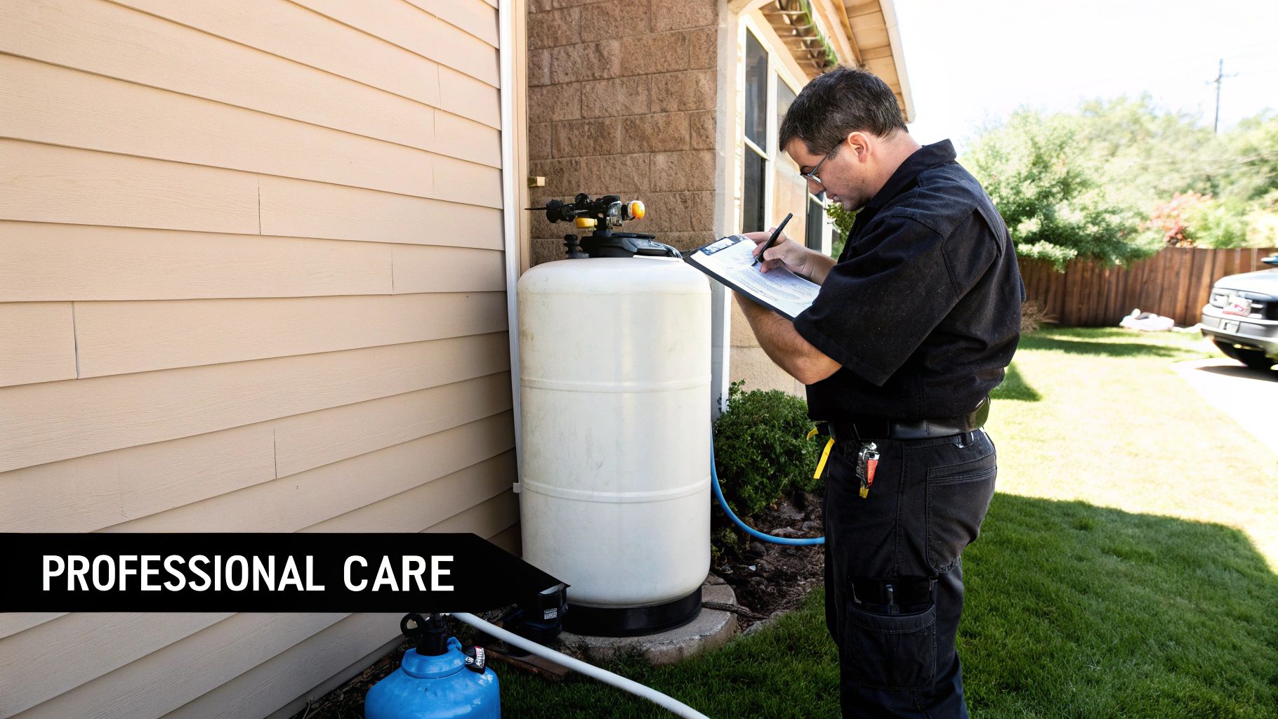 A professional technician inspects and records data on a well water filtration system outside a home.