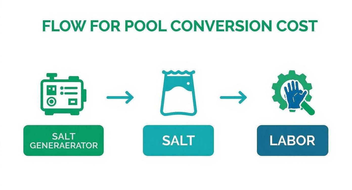Infographic showing the process flow of pool conversion costs, starting with a salt generator icon, then a salt bag icon, and finally a labor gears icon.