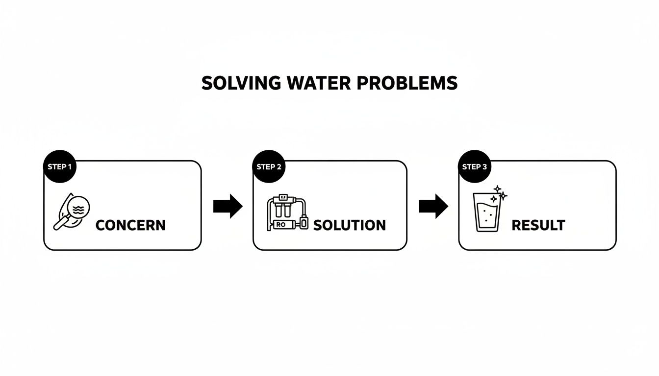 Infographic illustrating a three-step process: identifying water concern, applying RO solution, and achieving clean water result.