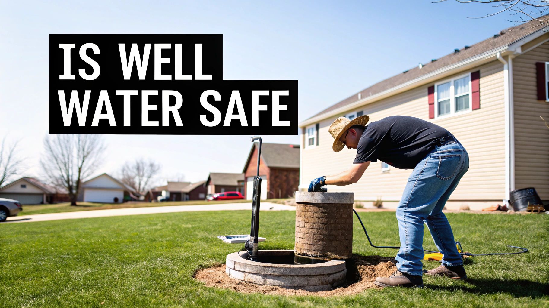 A man in a straw hat inspects a water well in a suburban yard on a sunny day.