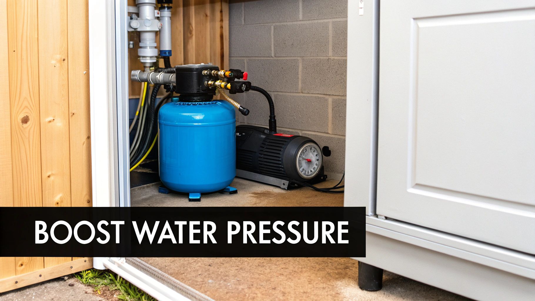 A water pressure booster system with a blue tank and black pump, behind a wooden wall and cabinet.