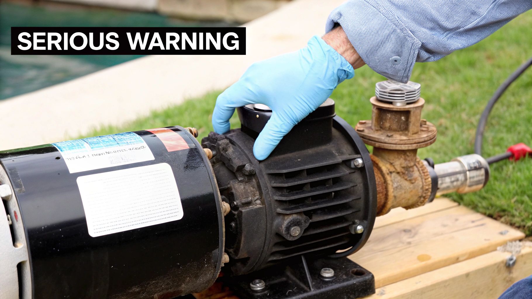 Technician wearing blue gloves inspecting a pool pump motor during maintenance with serious warning label