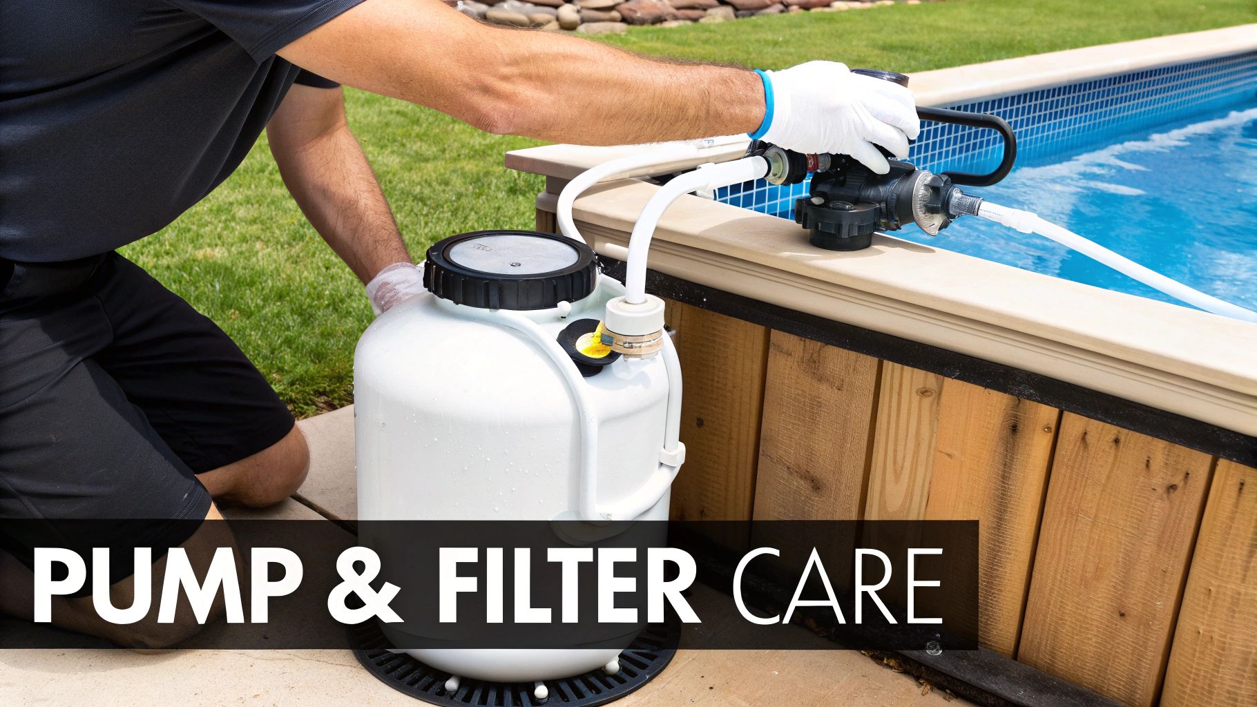Person in gloves cleaning an above-ground pool using a portable pump and filter system.