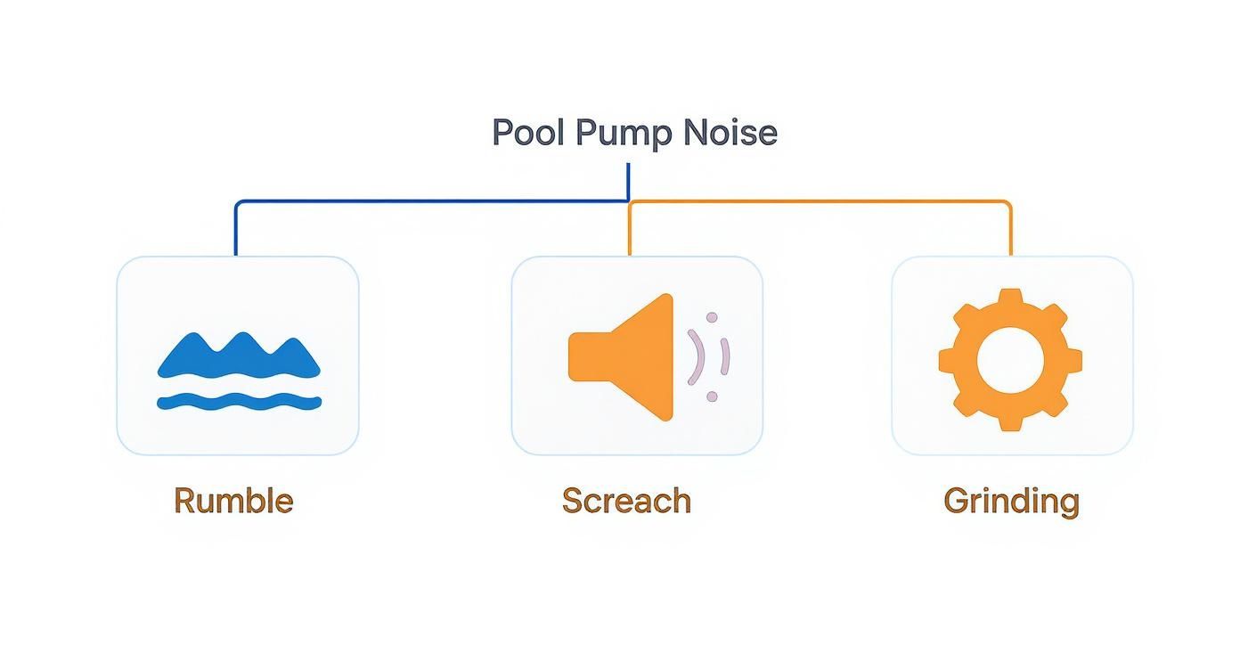 Diagram showing three types of pool pump noise: rumble, screach, and grinding sounds