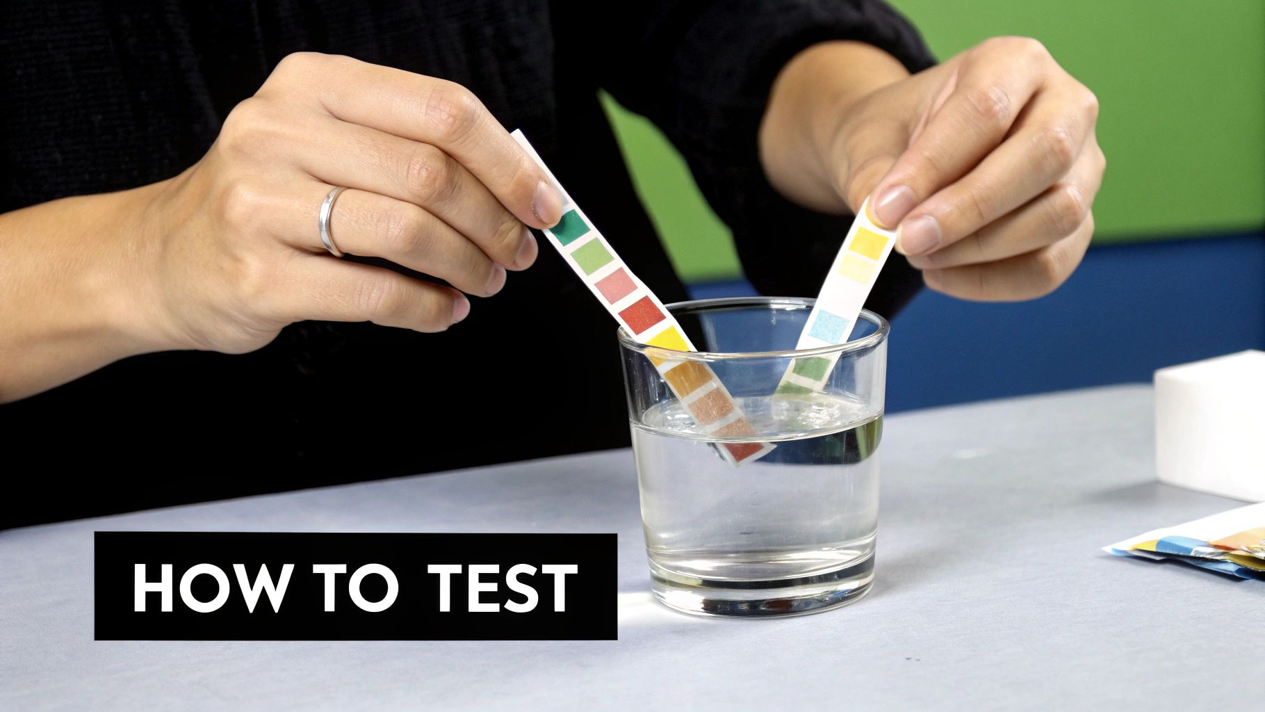 A close-up of a water test kit result chart being compared to a water sample vial.