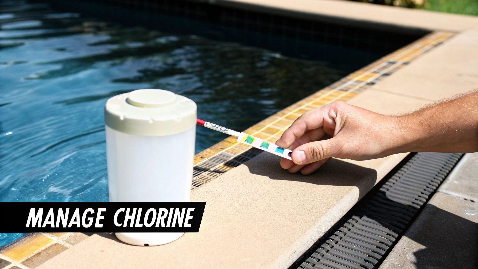 A pool technician adding chemicals to a swimming pool, showing a focus on sanitizer management.