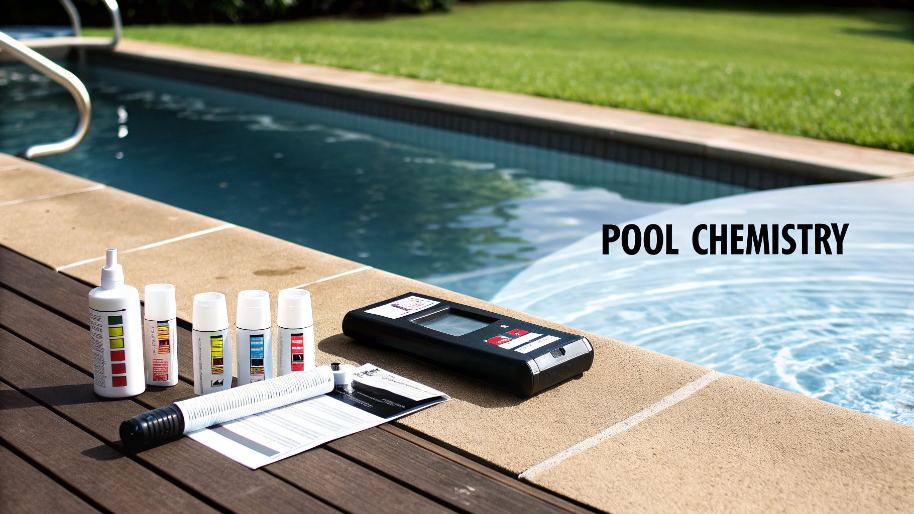 Pool chemicals and testing kit on a wooden deck next to a clear blue swimming pool.
