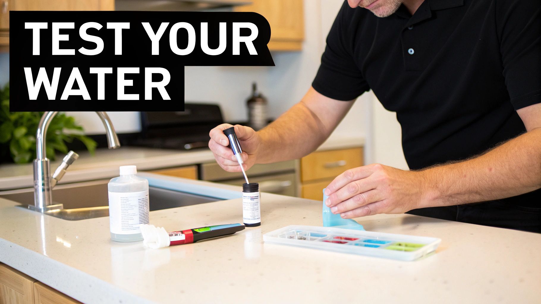 A professional technician using a kit to test the quality of tap water.