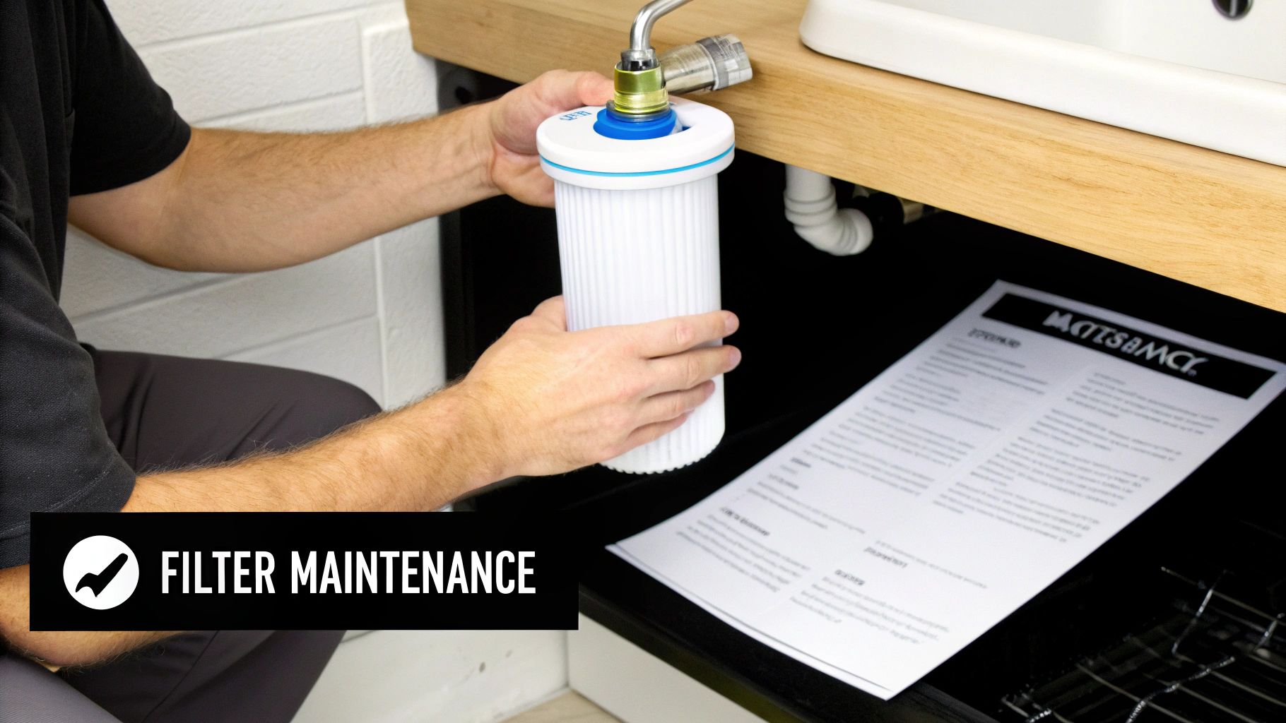 A service technician works on a water purification system.
