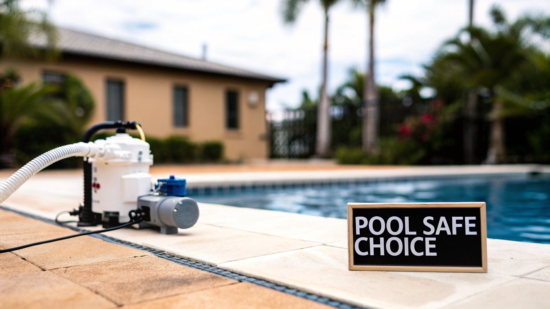 A white pool maintenance device and a 'POOL SAFE CHOICE' sign sit by a sparkling swimming pool.