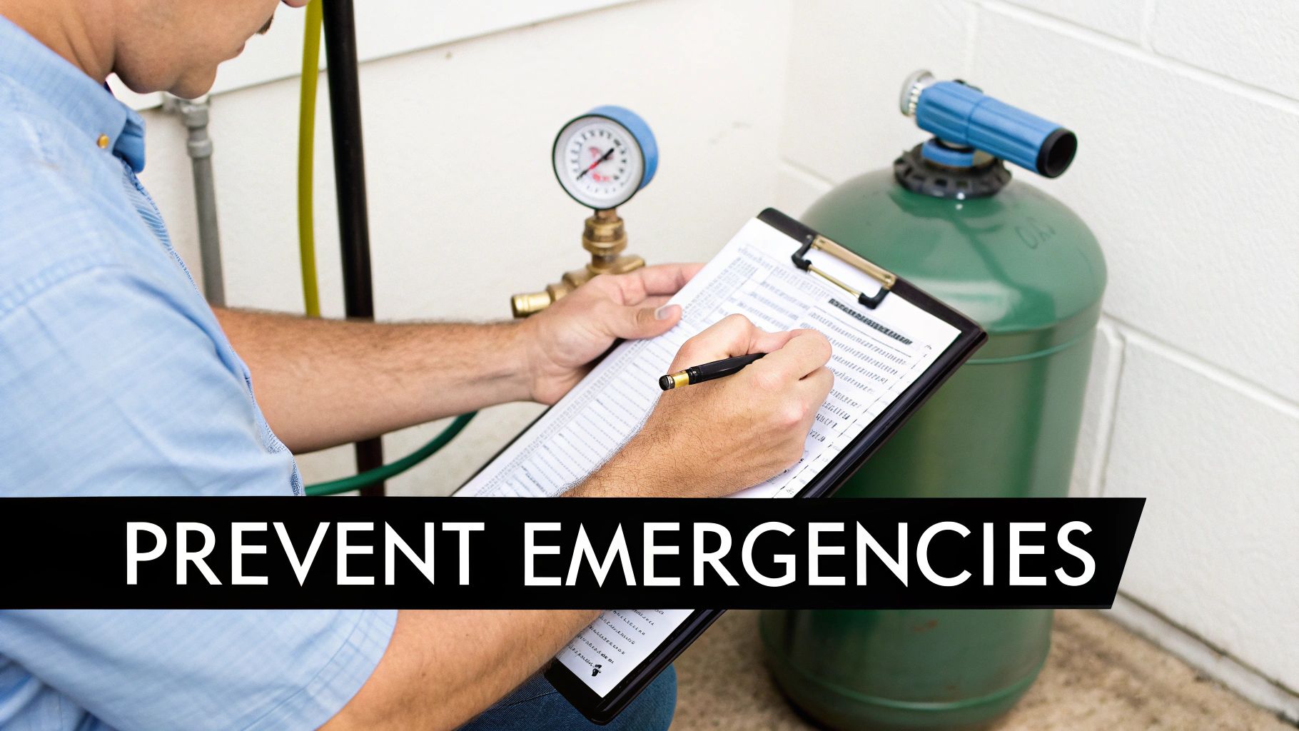 A technician inspects a pressure gauge and tank while writing on a clipboard to prevent emergencies.