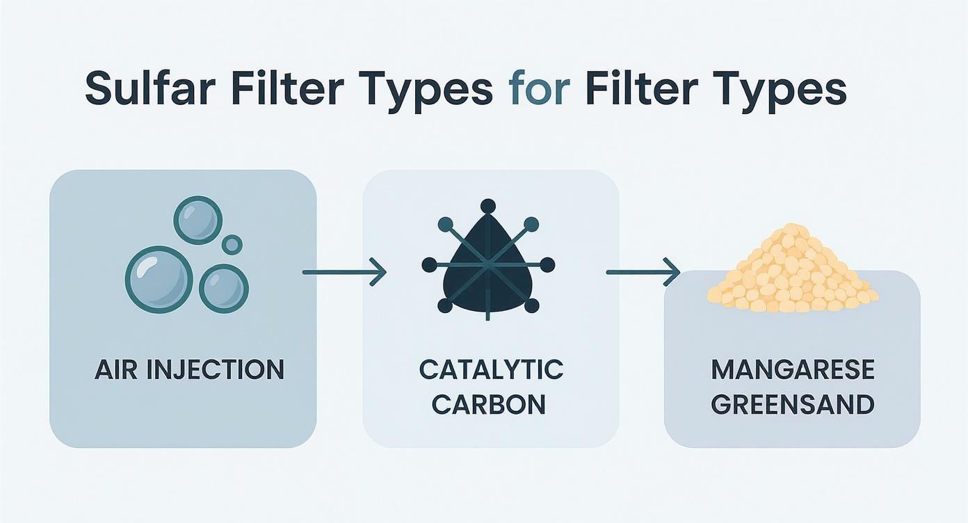 Three stage sulfur filtration process diagram showing air injection, catalytic carbon filter, and manganese greensand stages