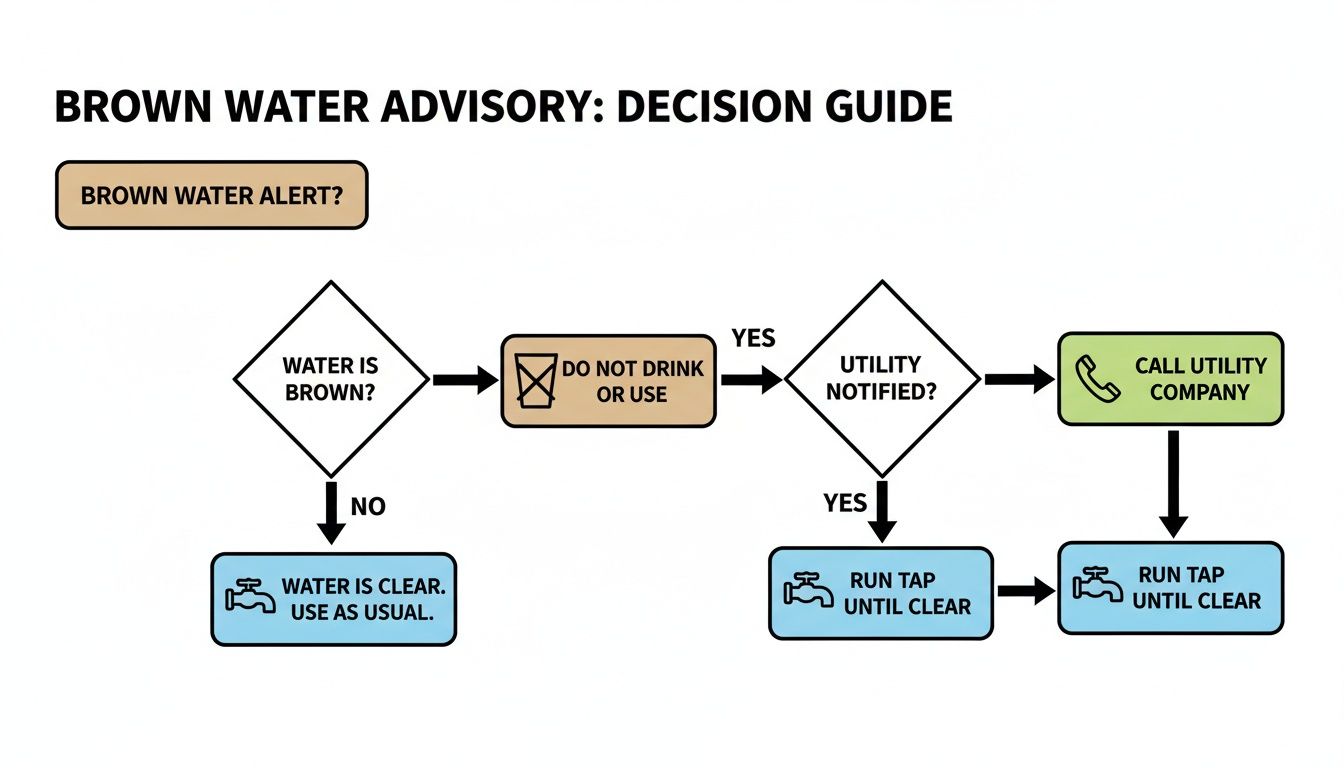 A flowchart provides a step-by-step decision guide for handling brown water, including advisories and actions.