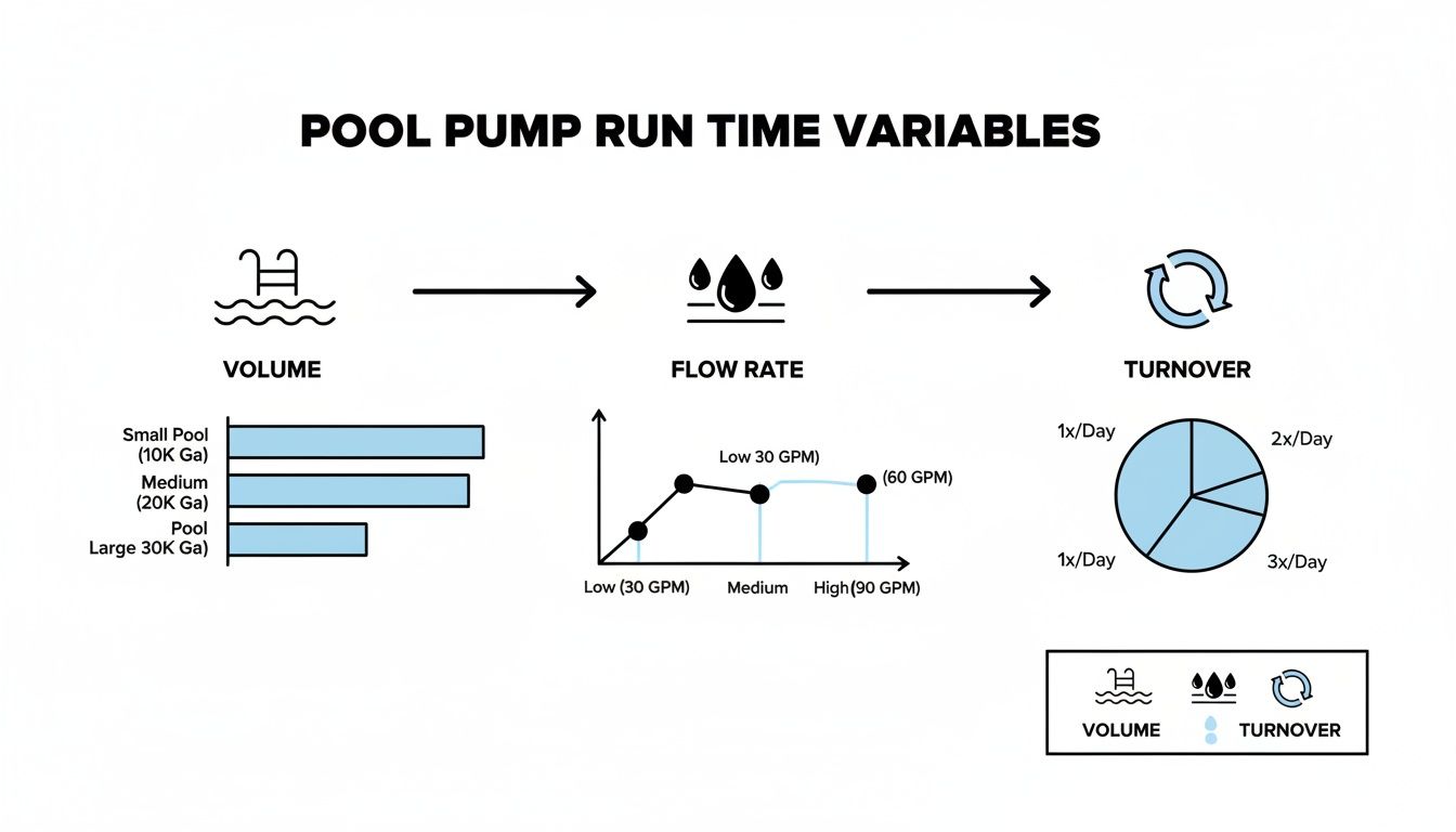 Infographic illustrating pool pump run time variables: volume, flow rate, and turnover rates.
