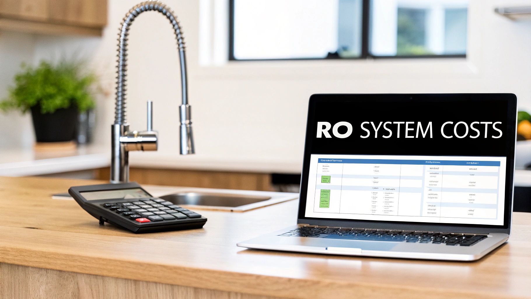 A modern kitchen faucet with a reverse osmosis water filter system installed underneath the sink