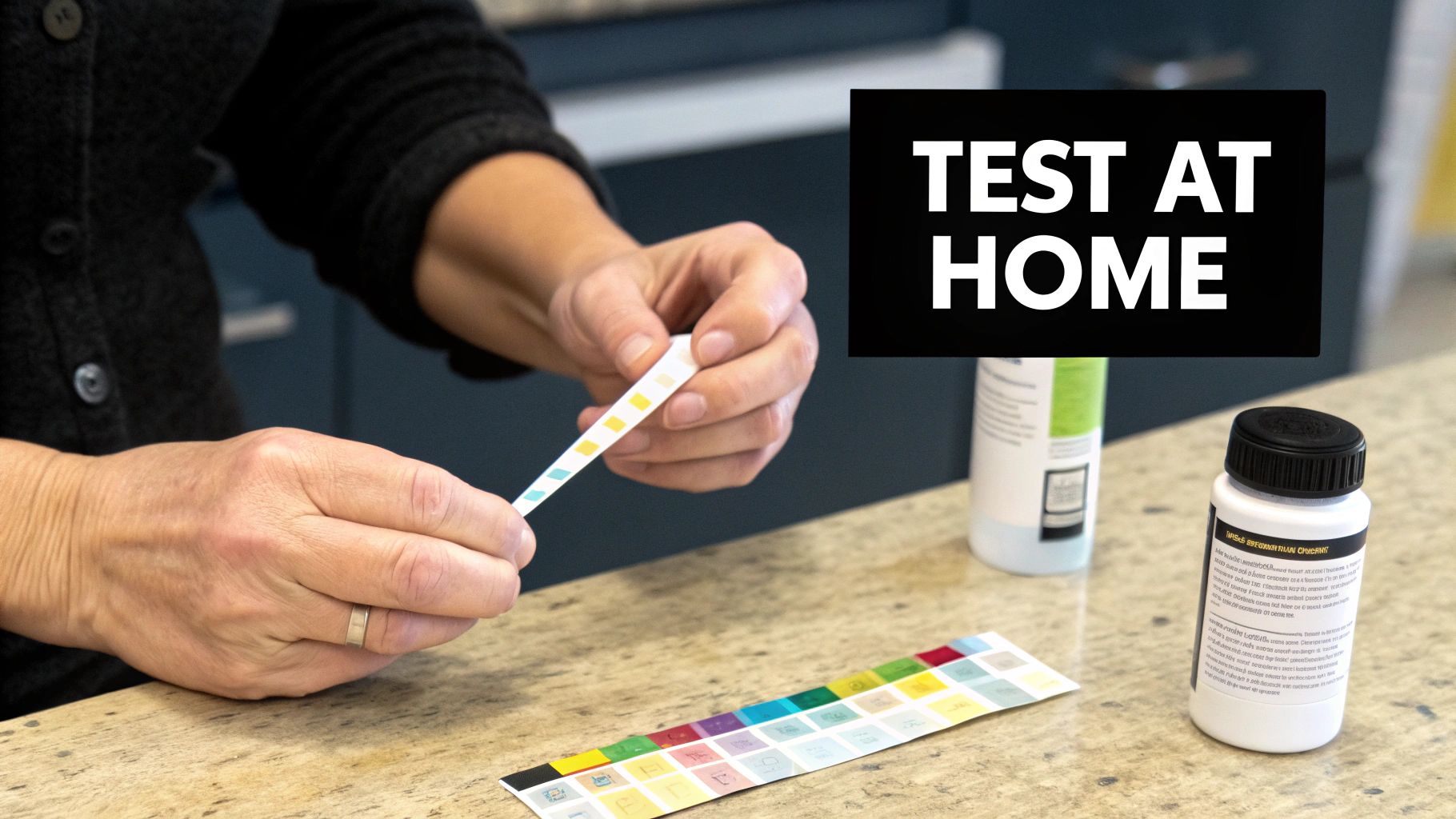 A person collecting a water sample from a kitchen tap into a small bottle.