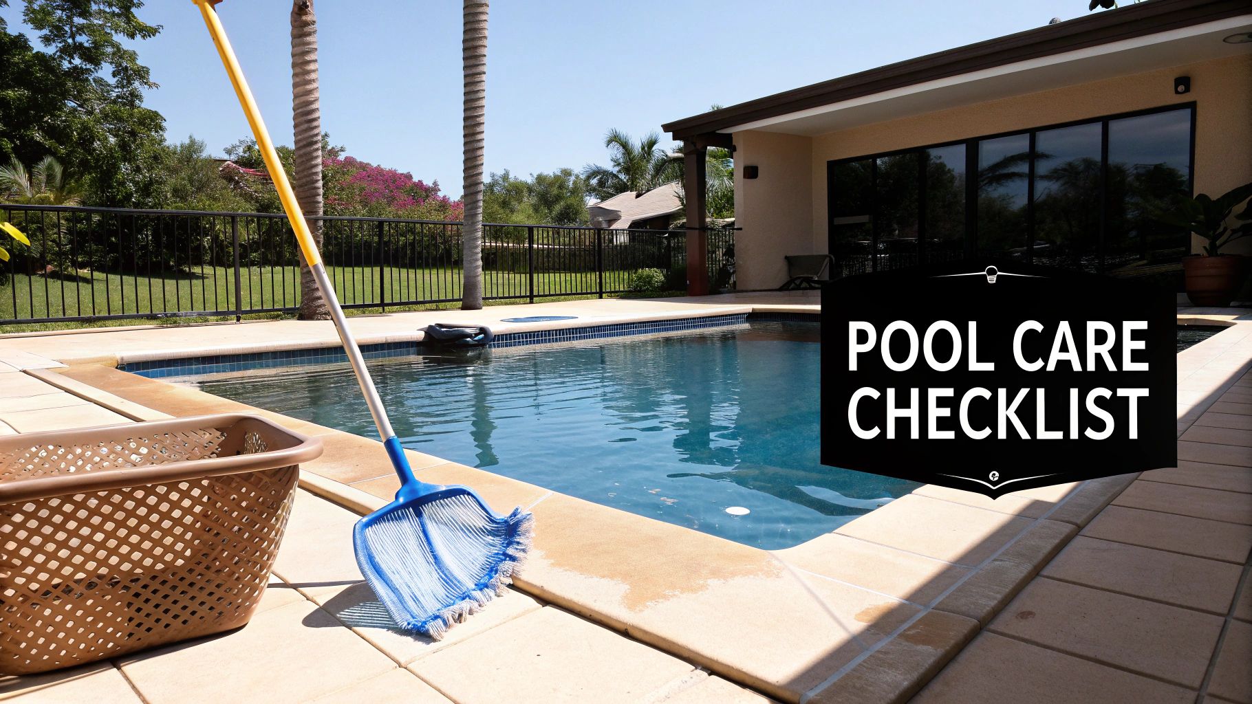 A clean backyard swimming pool with a skimmer net and basket, featuring a 'Pool Care Checklist' graphic.