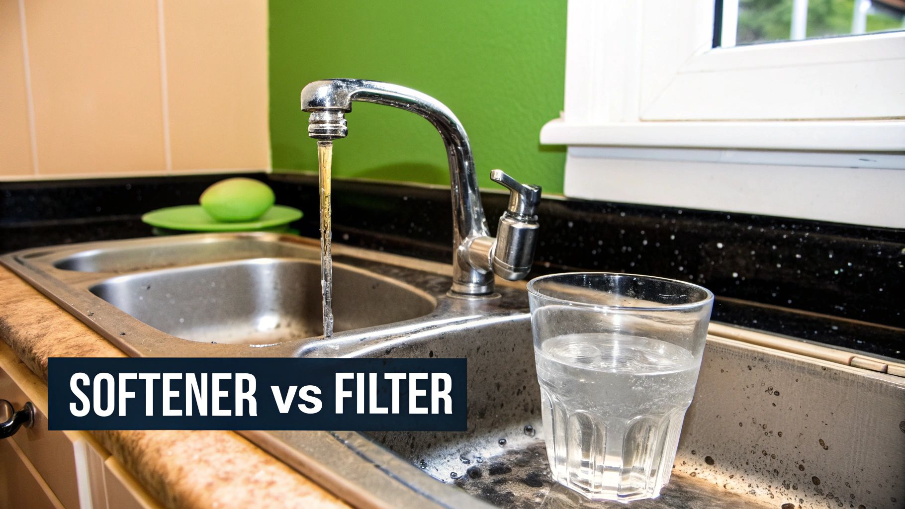 Water flows from a kitchen faucet into a double sink, with a full glass of clear water beside it.