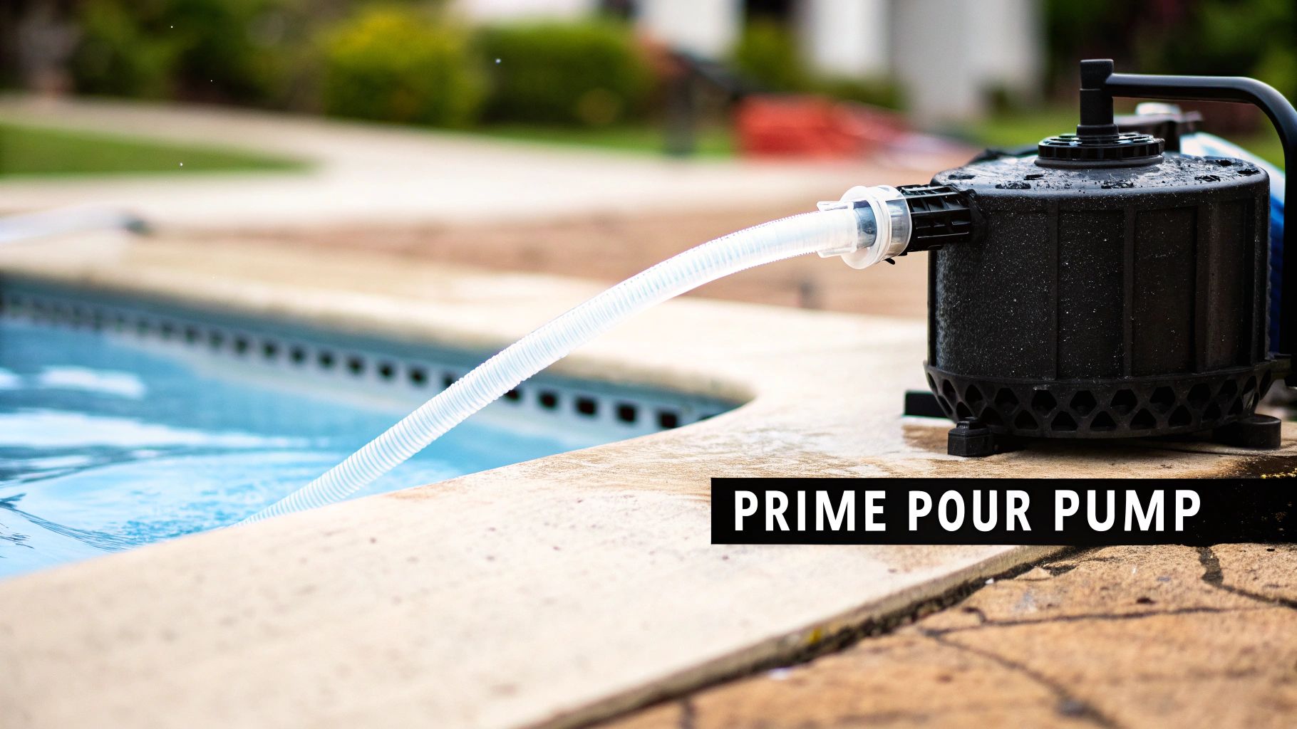 A pool pump connected to pool plumbing, situated next to clear pool water