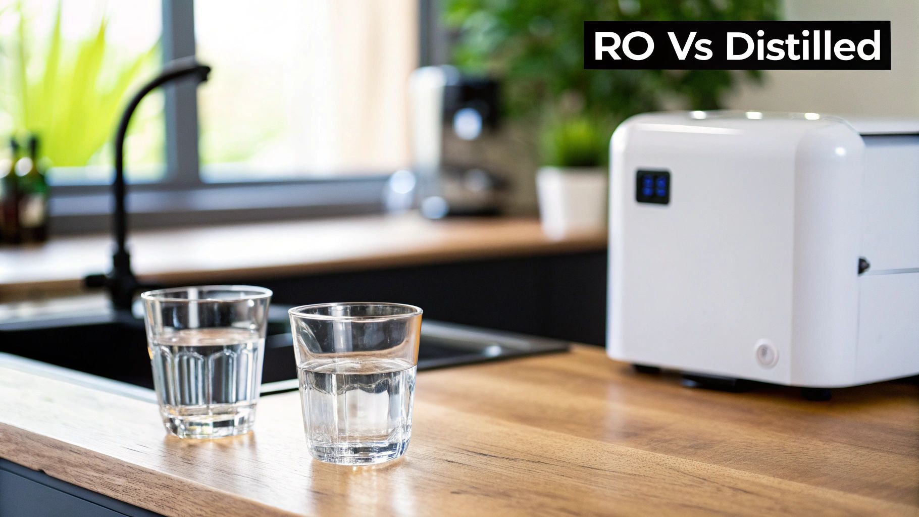 Two glasses of water on a wooden kitchen counter next to a white water filter device.