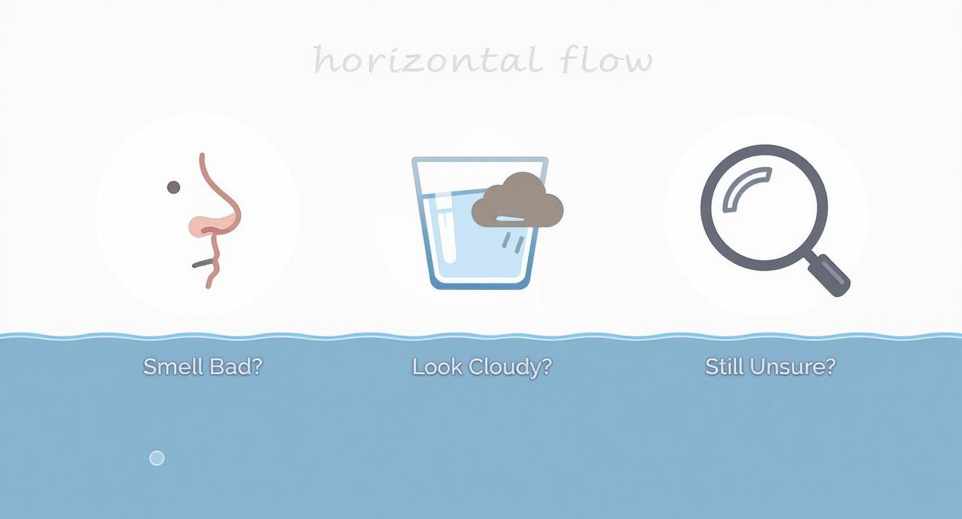Three icons illustrating how to check water quality: smell, cloudiness, and further inspection.