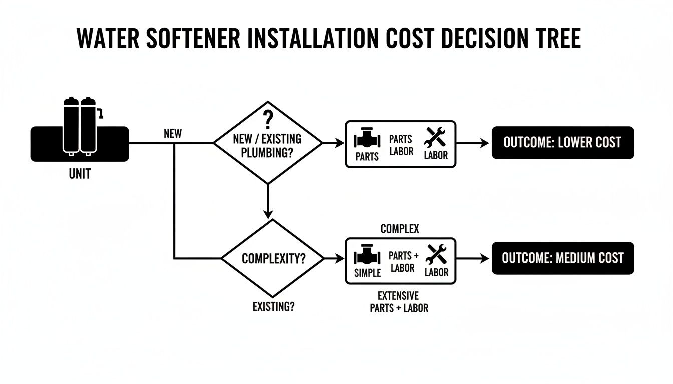 A decision tree diagram illustrating water softener installation costs based on plumbing type and complexity.