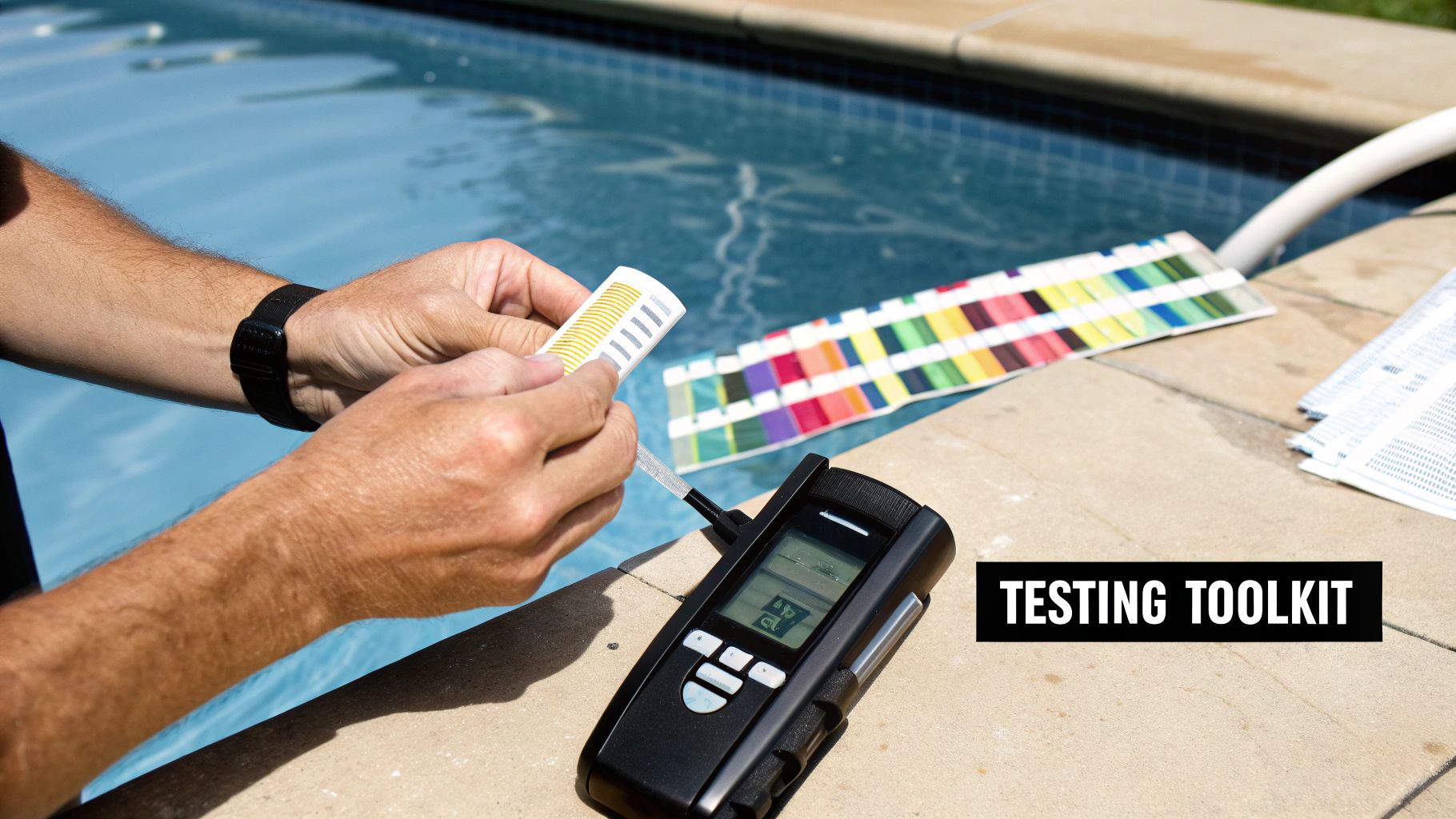 A person using a water testing kit by the side of a swimming pool.