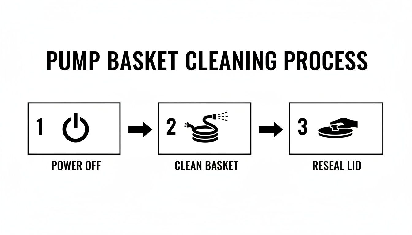 Diagram illustrating the three-step pump basket cleaning process: power off, clean basket with hose, and reseal lid.