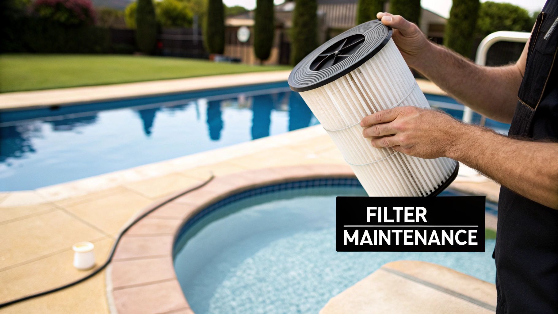 A person's hands are holding a clean pool filter cartridge above a swimming pool, ready for maintenance.