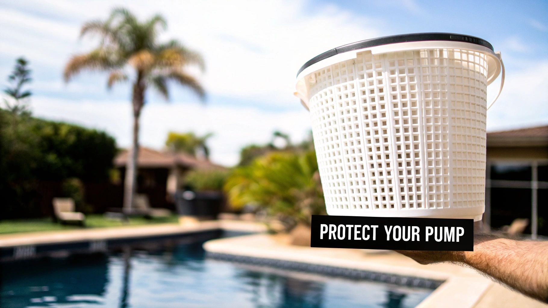 A hand holds a white pool pump skimmer basket with text 'PROTECT YOUR PUMP' above a pool.