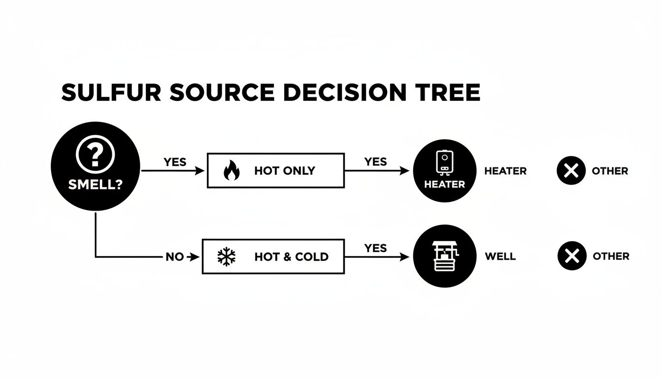 A sulfur source decision tree flowchart showing steps to identify the origin of sulfur smell.