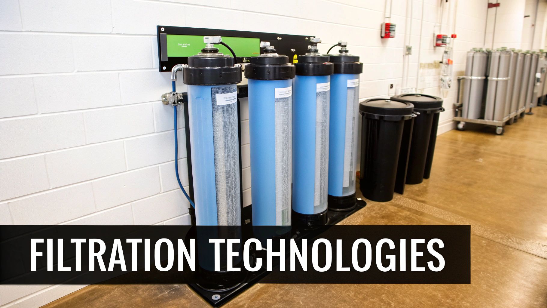 A technician inspecting the gauges and filters of a whole-house water filtration system.