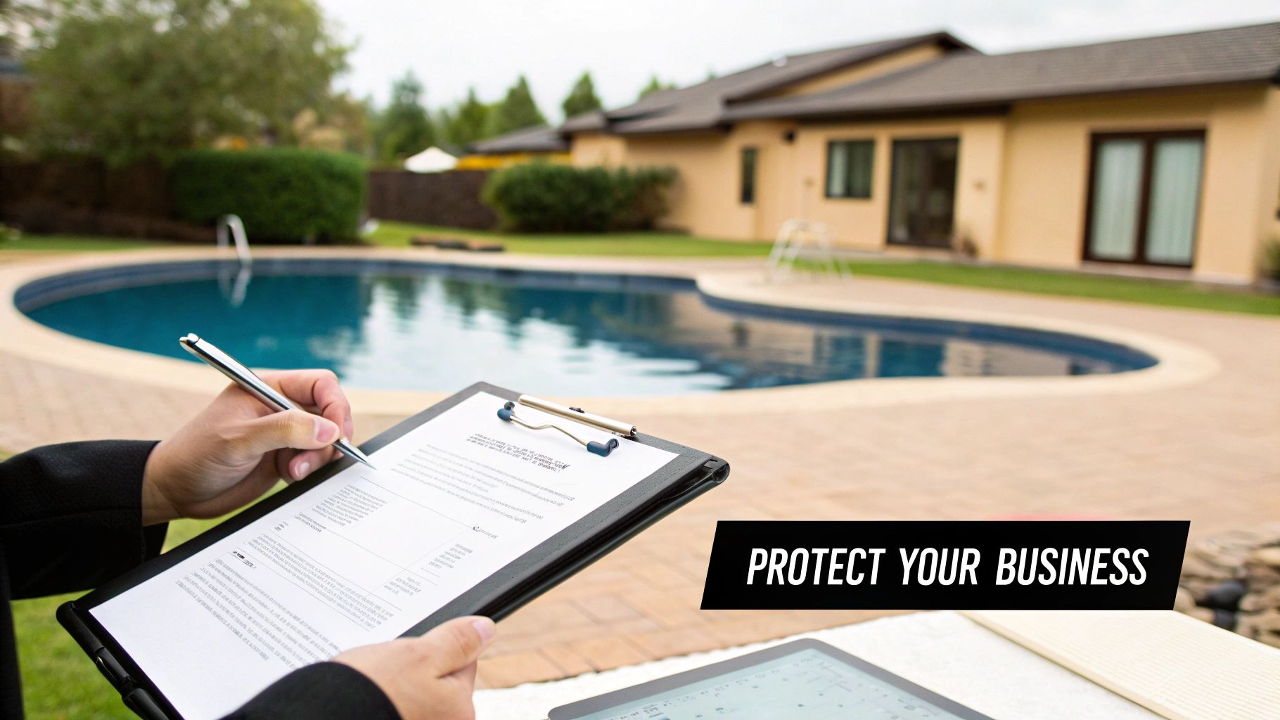 Hands signing a service agreement with a pen on a clipboard, beside a swimming pool and a residential house.